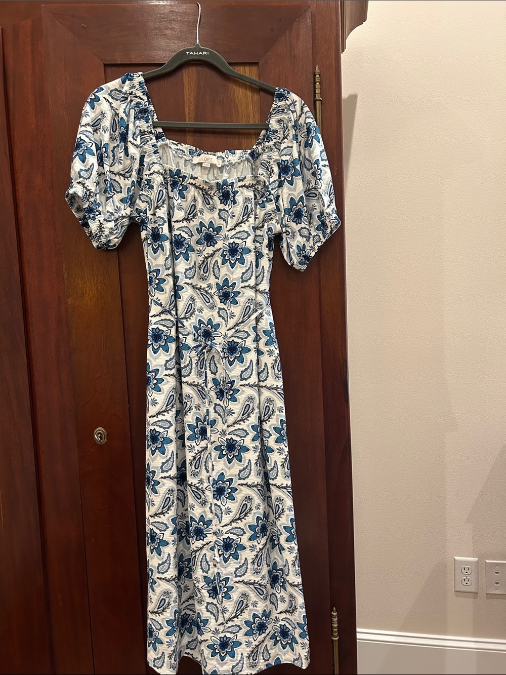 LOFT White and Blue Floral Square-Neck Midi Dress with Puff Sleeves